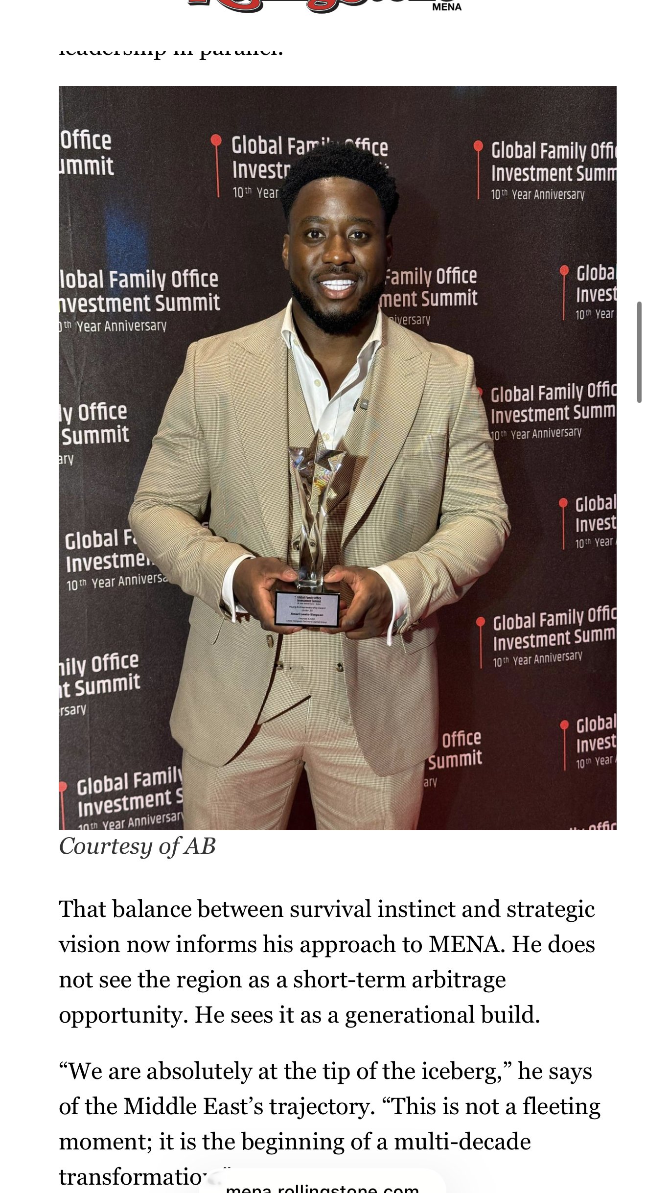 Amari Lewis-Simpson featured in Rolling Stone MENA at Global Family Office Investment Summit